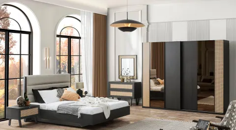 Rattan Dark Sürgü Kapaklı Yatak Odası Takımı